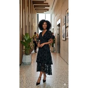 New $198 AROSE STUDIO Black Floral Embroidered Tiered Maxi Dress XL Nordstrom